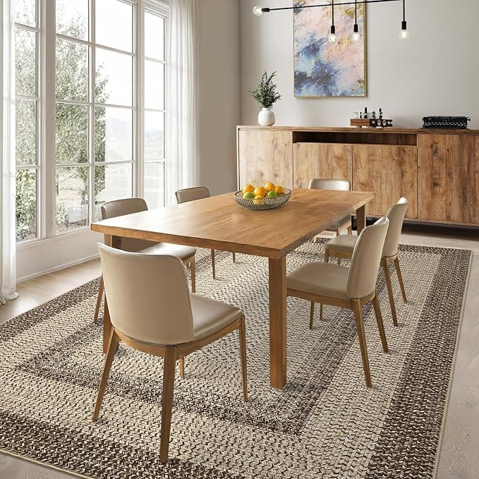 RUGSREAL Boho Rug 4x6 Bedroom Machine Washable Rug Braided Print Floor Cover Dining Room Throw Carpet with Rubber Backing Farmhouse Rustic Accent Rug for Living Room Home Decor, Camel