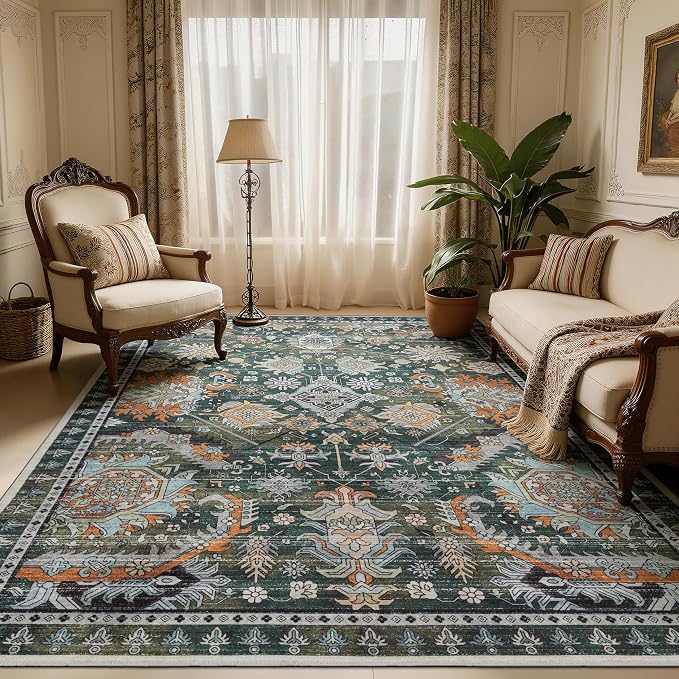 Ruaruarug Area Rug 5'×7', Non Slip Machine Washable Ultra Soft Stain & Fade Resistant, Pet & Kids Friendly, for Living Room/Bedroom/Kitchen/Classroom, Dark Green