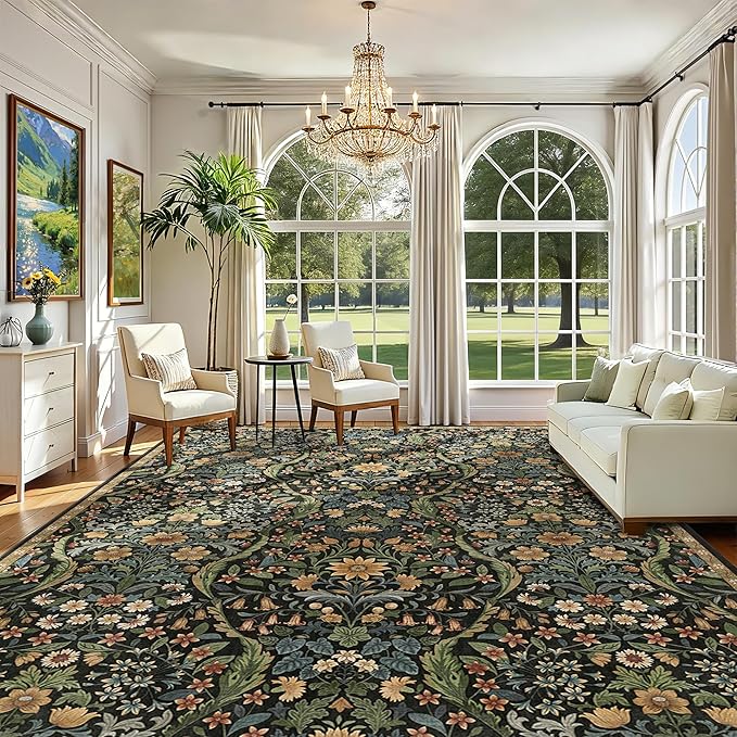10x14 Black Brown Vintage Floral Area Rug,Washable Large Boho Living Room Rugs,Botanical Print Non-Slip Stain Resistant Lightweight Carpet for Bedroom Dining Room Nursery