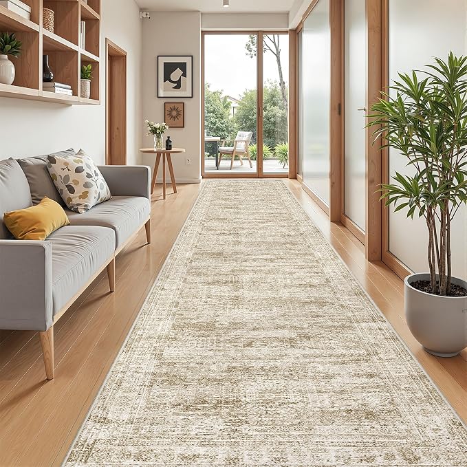3x14 Runner Rug Non Slip,Washable Hallway Runner Rug,Brown | 14 ft Runner Rug for Hallway,Entryway,Bedroom,Living Room,Thin,Soft, Extra Long Rug,Stain Resistant Indoor Carpet