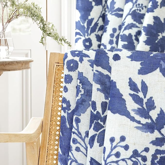 DriftAway Julia 100% Blackout Curtains Grommet 2 Panels, W52xL84, Navy | Floral Curtains, Bedroom, Living Room, Linen Blend, Watercolor Pattern, 2 Layers, Thermal Insulated, Window Treatment