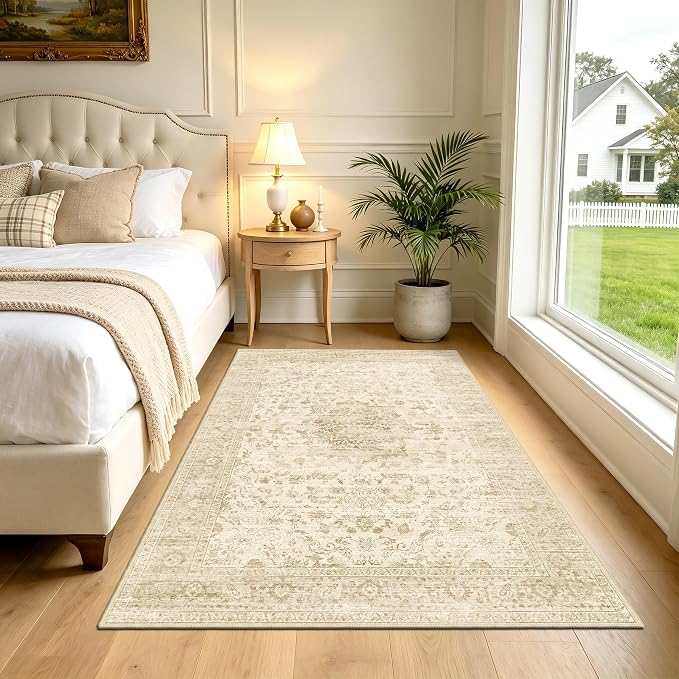 Neutral 4x6 Area Rug, Beige Vintage Boho Carpet for Bedroom,Thin | for Living Room and Nursery, Washable Low Pile Indoor Rug with Non-Slip Silicone Backing, Non-Shedding
