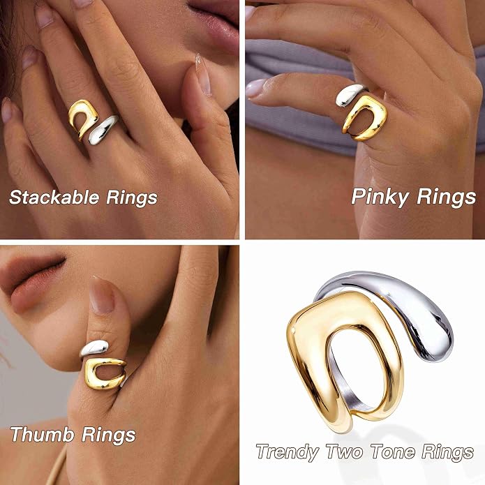 Non Tarnish Gold Chunky Rings for Women, 14K Gold Plated Statement Dome Rings Stacking Silver, Adjustable Mens Eternity Wedding Band Mixed Metal Jewelry Size 3-13