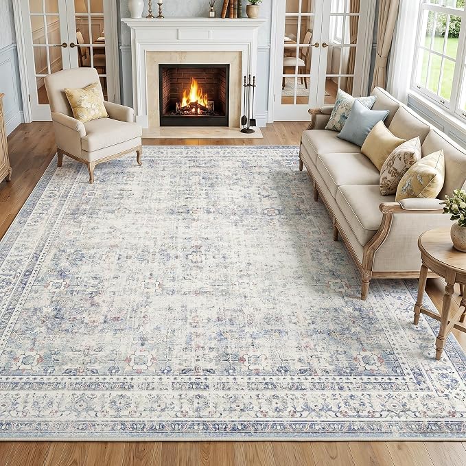 FMFUNCTEX 6x9 Washable Area Rug Blue Neutral Vintage Distressed Oriental Large Non Slip Carpet for Living Room Bedroom Traditional Retro Soft Low Pile Indoor Rugs for Dining Room Office Nursery