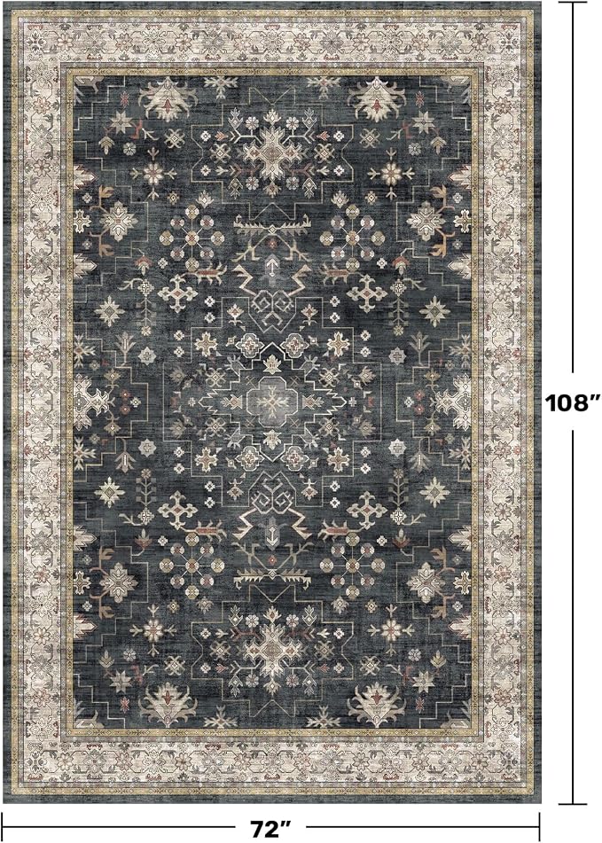 Boho Dining Room Rugs for Under Table - 6x9 Washable Black Area Rug For Living Room, Low Pile Non-Slip Rugs for Bedroom, Office - Charming Farmhouse Decor & Stain Resistance (6x9 Black/Multi)