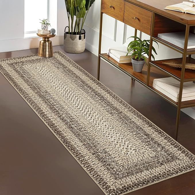 RUGSREAL Runner Rug for Hallway Kitchen Runner Rug 2x10, Machine Washable Long Runner Throw Carpet with Rubber Backing, Stain Resistant Braided Printed Entryway Carpet for Bedroom Living Room, Camel