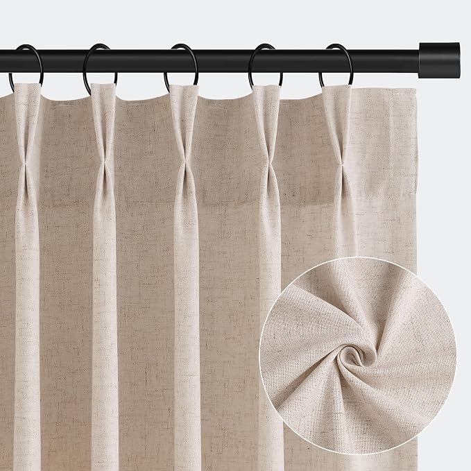 Aersas Cream Beige Pinch Pleat Linen Curtains 102 Inch Long for Living Room 2 Panels Set Natural Boho Semi Sheer Light Filtering Neutral Pleated Curtain with Rings Hooks Floor Ceiling Bedroom Window