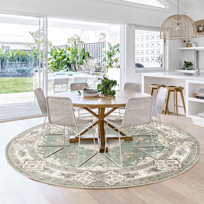 MUJOO Green Round Rug 6ft,Circle Washable Area Rug Non Slip Low-Pile Floral | Large Circular Rugs for Bedroom Living Room Dining Room Boho Throw Carpet Soft Floor Indoor Flowers Sage Green