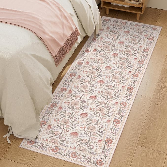 DUKINO 2x6 Runner Rug, Washable Vintage Floral Kitchen Rug, Beige Pink | Non Slip, Low Pile, Non-Shedding, Stain Resistant Soft Carpet Runner for Hallway Bathroom Entryway Bedroom Laundry Farmhouse