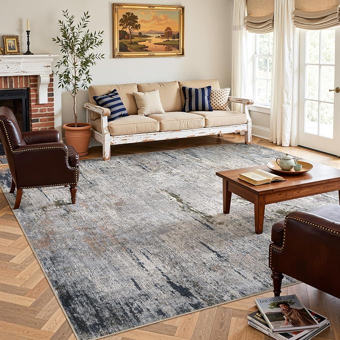 DMOYEST Area Rug Living Room Rugs - 7x9 Washable Large Soft Indoor Neutral Modern Abstract Low Pile Rug Carpet for Bedroom Dining Room Farmhouse Home Office - Blue/Grey/Brown