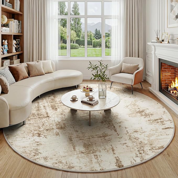 FMFUNCTEX 8ft Round Washable Area Rug Brown Beige Abstract Modern Neutral Large Non Slip Carpet for Living Room Bedroom Soft Low Pile Indoor Contemporary Thin Rug for Dining Kitchen Office Nursery