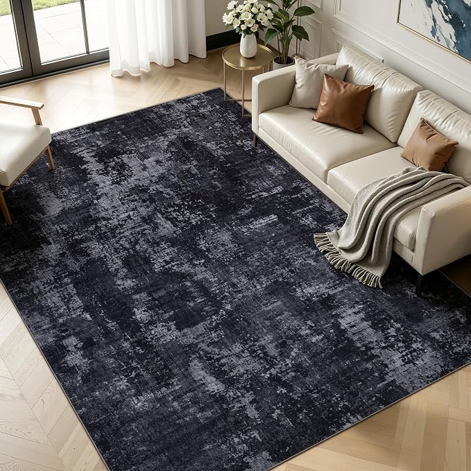 Sasttie 9x12 Soft Area Rug for Living Room, Modern Abstract Washable Large Carpet for Bedroom, with Non-Slip Backing, Black and Grey