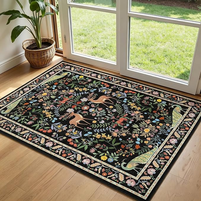 Small Vibrant Black Entryway Rug 2x3 - Front Door Rug Indoor Entrance, Small Carpet for Kitchen Floor, Bathroom, Powder Room, Washable Low Pile Non Slip, Floral Print Home Décor
