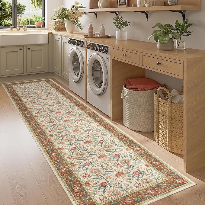 DUKINO 2x10 Runner Rug for Hallway, Washable Vintage Floral Rug, Brown | Non Slip, Low Pile, Non-Shedding, Stain Resistant Soft Long Runner Carpet for Kitchen Bathroom Entryway Bedroom Farmhouse