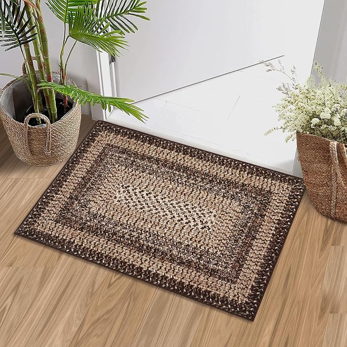 RUGSREAL 2x3 Entry Rug Small Bedroom Area Rug Braided Printed Mat for Living Room Farmhouse Kitchen Mat Indoor Non Slip Rustic Throw Carpet Machine Washable Rug for Sink Under Table, Brown