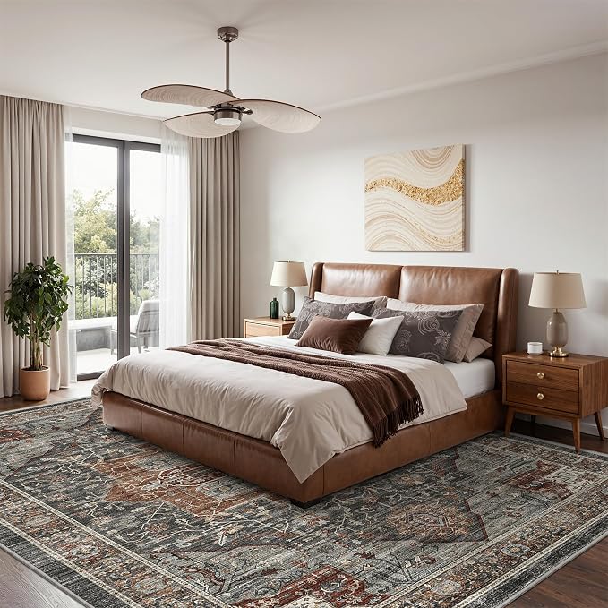 Roxstand 8x10 Washable Area Rugs, Vintage Non Slip Rug, Grey/Brown/Tan | Low Pile, Non-Slip Backing, Stain Resistant, Pet & Kid Friendly, Carpet for Living Room Bedroom Dining Room Home Decor
