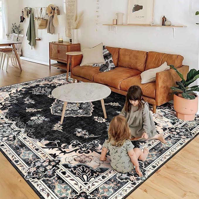 MUJOO Black Rug Washable,6x9 Area Rugs Non Slip Low-Pile Floral Large | Machine Washable Throw Carpet for Living Room Bedroom Dining Room Boho Soft Indoor Vintage Bohemian Flowers