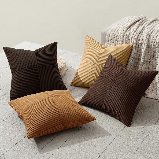 MIULEE Boho Decorative Throw Pillow Covers 20x20 Set of 4 Farmhouse Neutral Cushion Cases Gradient Corduroy Pillow Cases Modern Soft Corduroy Patchwork Home Decor for Couch Sofa Bedroom Camel Brown
