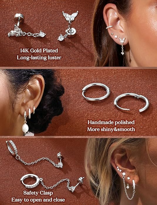 LOLIAS Hypoallergenic Flat Back Earrings Set for Women-Surgical Stainless Steel Earrings for Sensitive Ears-14K Gold Plated Chain Cartilage Earring Stacks Flatback Stud Hoop Earring Sets for Multiple Piercing Jewelry