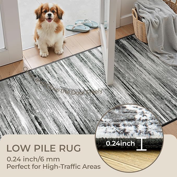 2x10 Runner Rug Non Slip,Washable Hallway Runner Rug,Black | Long Neutral Rugs for Kitchen,Entryway,Bedroom,Bathroom,Laundry Room,Thin,Soft Runner Rug,Stain Resistant Indoor Carpet