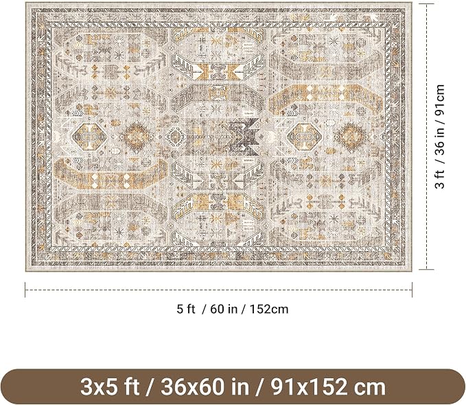 befbee 3x5 Rug, Ultra-Thin Area Rugs for Living Room,Non-Slip Lightweight Washable Rug for Bedroom,Kitchen,Entryway,Stain Resistant Small Carpet (Brown/Gold, 3'x5')