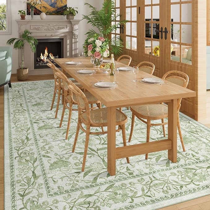 DUKINO 8x10 Area Rug Vintage Floral Washable Rug for Living Room Sage Green | Non Slip, Low Pile, Non-Shedding, Stain Resistant Boho Soft Indoor Large Carpet for Bedroom Dining Room Farmhouse, Home Decor