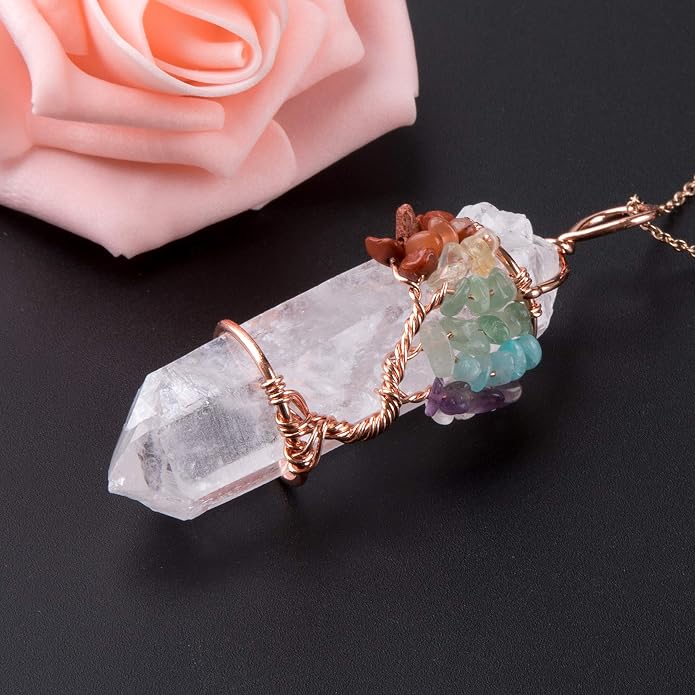 Bivei Life Tree Copper Wire Wrapped Crystal Necklace Chakra Pendant Natural Stone Quartz Reiki Jewelry Gift for Women