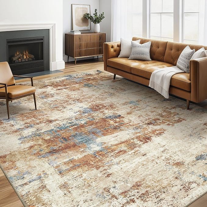 6x9 Area Rugs Washable Rug: Large Abstract Modern Soft Stain Resistant Indoor Floor Non-Slip Accent Carpet for Living Room Bedroom Nursery Playroom Dining Room Office Dorm Home House- Blue Orange