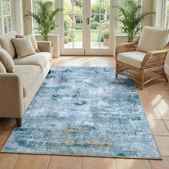 Modern Abstract Area Rug Distressed Faux Wool Stain-Resistant Carpet for Bedroom Boho Living Room Decor 0.26 Inch Low Pile Non Slip Floor Mat, 3'x5', Sage Green