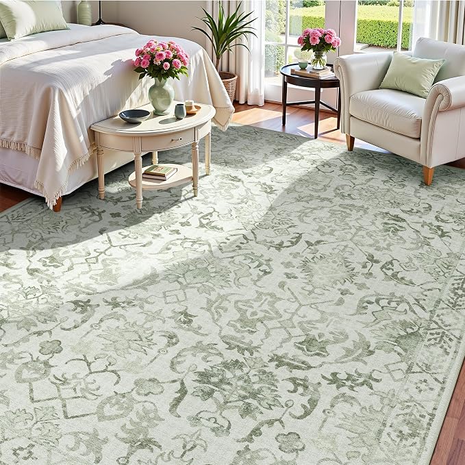 Deerly Sage Neutral Large Area Rug 9x12 for Living Room, Washable Rug for Dining Room Bedroom, Anti-Slip Low-Pile and Soft Accent Rug Farmhouse Office Home Decor Light Green