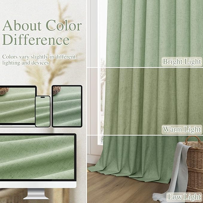 Guken 100% Blackout Linen Curtains 102 Inch Length 2 Panels Set for Living Room Bedroom Back Tab Thermal Insulated Black Out Linen Drapes Room Darkening Window Curtains,Light Sage