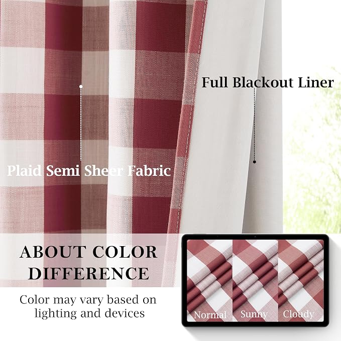 Red White Buffalo Plaid Blackout Curtain Panels 95 Inches Length | Farmhouse Gingham Drapes,Thermal Insulated Window Treatment for Living Room,Rod Pocket Back Tabs,40"Wx95"Lx2