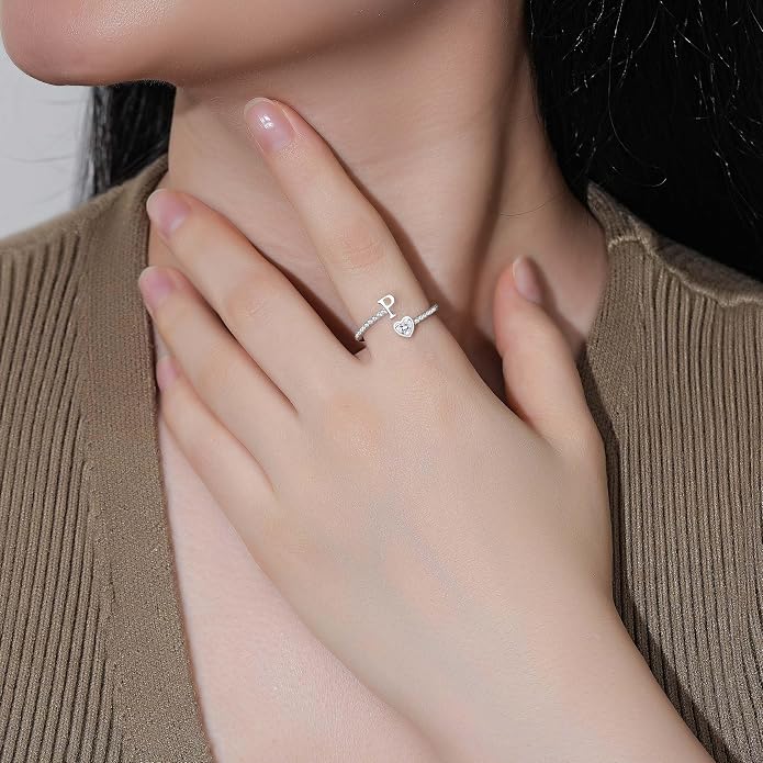 Step Forward 925 Sterling Silver Adjustable Initial Ring for Women | Non Tarnish Letter Rings for Lady | Alphabet Heart Thumb Rings | Capital Letter Jewelry Gifts