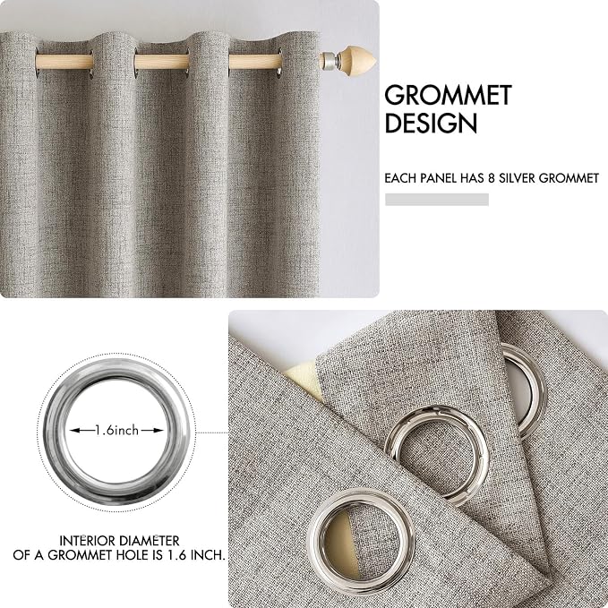 MIULEE Linen Curtains for Bedroom Solid 100% Blackout Thermal Insulated Greige Curtains Grommet Room Darkening Drapes for Living Room 52x84 Inch (2 Panels)