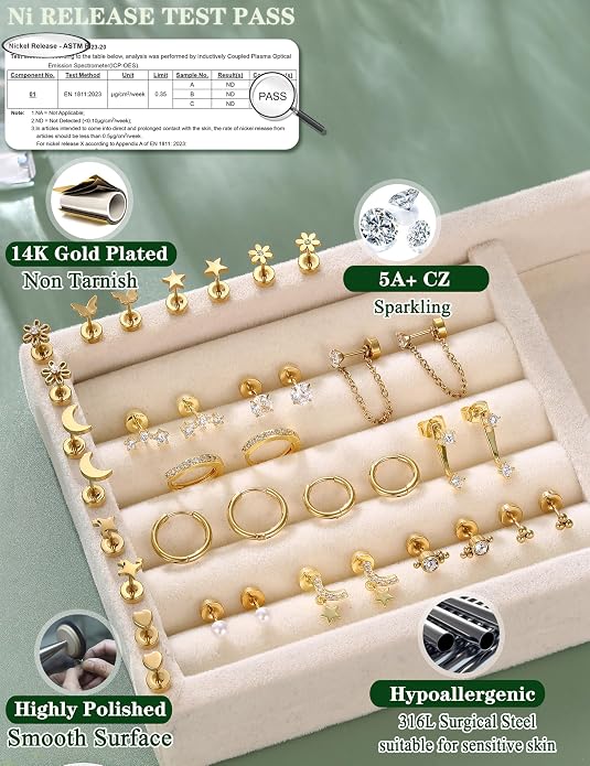 Hypoallergenic Flat Back Earrings 14K Gold Plated Cartilage Earring Stacks for Sensitive Ears Surgical Steel Small Huggie Hoops Flatback Stud Earrings Set for Multiple Piercing Jewelry Gift for Women