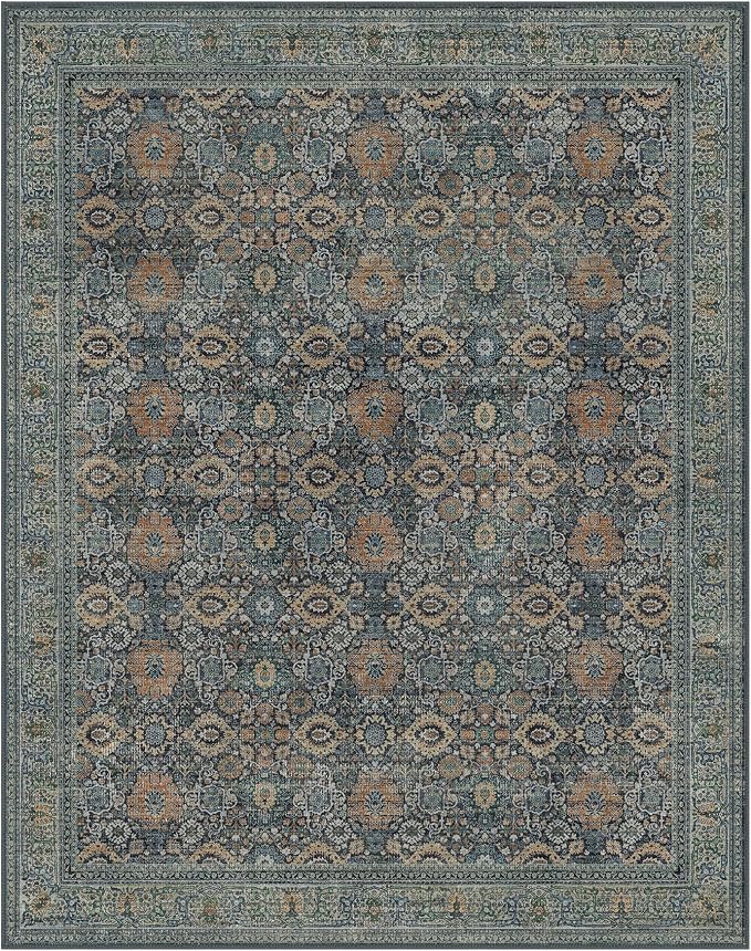 BESBLEE 5X7 Area Rugs Machine Washable Rugs for Living Room, Vintage Boho Large Rugs for Bedroom Dining Room, Non Slip Indoor Soft Distressed Lightweight Thin Low Pile Carpet, Beige Blue Grey