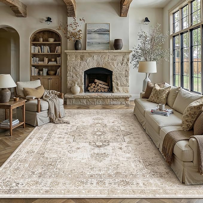 PureCozy Taupe 8x10 Area Rug Washable Vintage Living Room Carpet Non Slip Retro Distressed Low Pile Soft Oriental Medallion Thin Large Throw Rug for Office Bedroom Dining Room Playroom