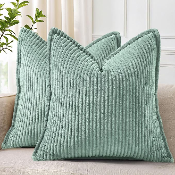 decorUhome Fall Corduroy Teal Throw Pillow Covers 22x22 Set of 2 | Euro Sham Couch Decorative Soft Modern Boho Farmhouse Pillow Covers Broadside Striped Pillow Cases for Living Room Bed Sofa