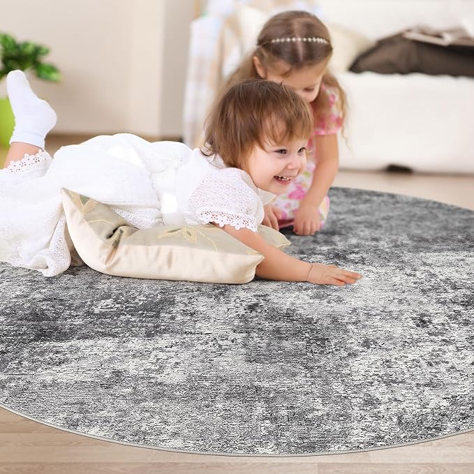 DMOYEST 5ft Round Area Rug Living Room Rugs - 5x5 Washable Large Soft Indoor Neutral Modern Abstract Low Pile Rug Carpet for Bedroom Dining Room Farmhouse Home Office - Grey