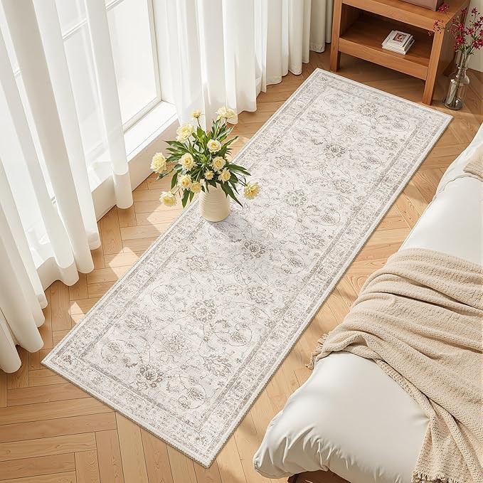 Madane Washable Runner Rug 2x5 with Non-Slip Rubber Backing, Vintage Kitchen Hallway Rug Soft Low Pile Throw Carpet Runner for Entryway Laundry Bathroom Bedroom Living Room (2 x 5, Brown/Ivory)