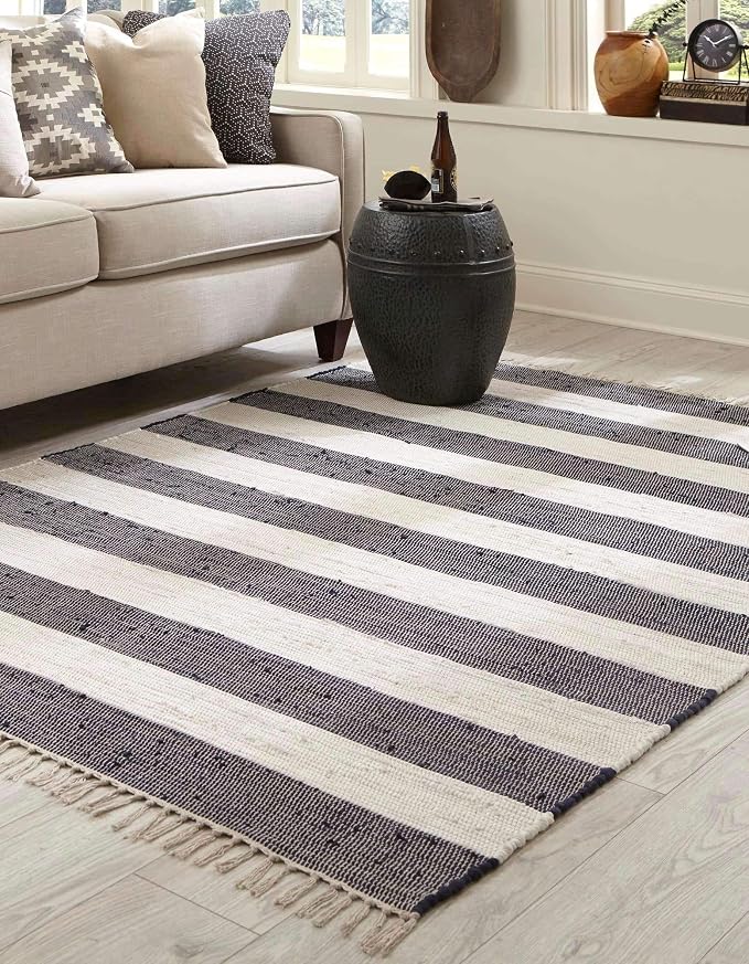 Unique Loom Chindi Rag Collection Area Rug - Striped (12' 2" x 16' 1" Rectangle, Navy Blue/ Ivory)