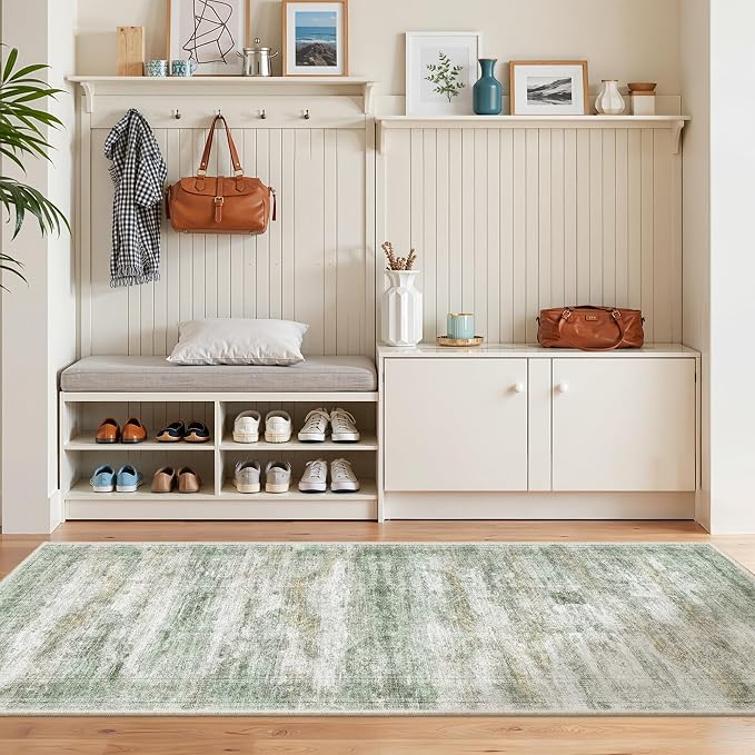 2x6 Runner Rug Non Slip,Washable Hallway Runner Rug,Green | Neutral Rugs for Kitchen,Entryway,Bedroom,Bathroom,Nursery Room,Thin,Soft Runner Rug,Stain Resistant Indoor Carpet