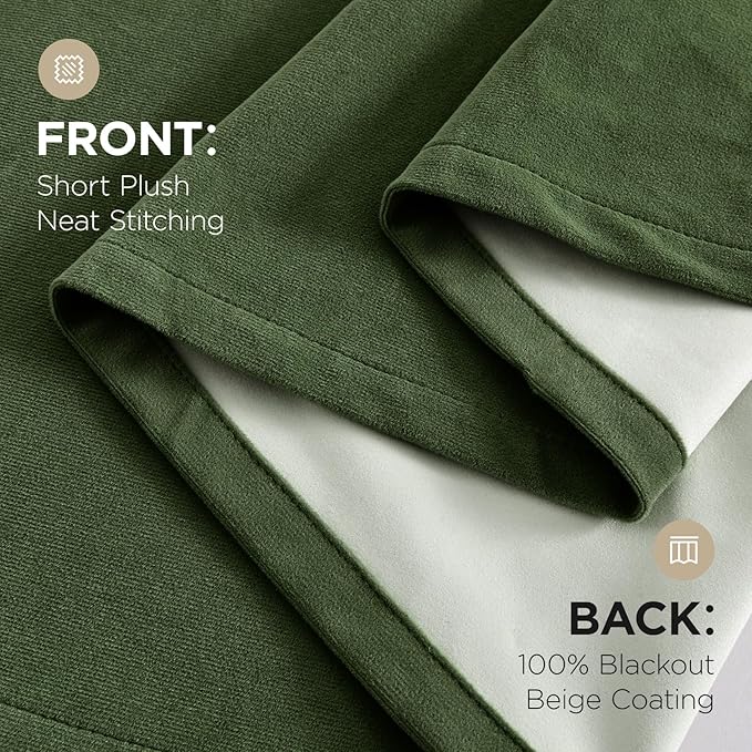 Joydeco 100% Blackout Velvet Curtains Olive Green 90 Inch Back Tab | Luxury Thermal Insulated Velvet Curtains for Bedroom Living Room, Soundproof Blackout Window Drapes