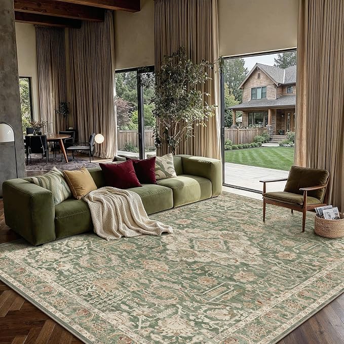 HUGEAR 8x10 Area Rug Green Machine Washable Rug Room Decor Vintage Distressed Living Room Rugs Non Slip Low Pile Soft Carpet for Bedroom Dining Room Office Soft Lightweight