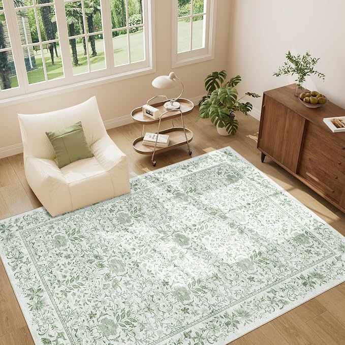 DUKINO 5x7 Area Rug Vintage Floral Washable Rug for Living Room Sage Green | Non Slip, Low Pile, Soft, Lightweight, Boho Indoor Carpet for Bedroom, Office, Dining Room, Dorm Room, Farmhouse, Home Decor