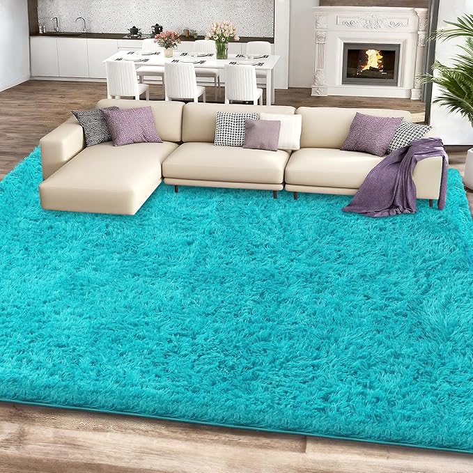 8x10 Teal Fluffy Shag Area Rugs for Living Room Bedroom Nursery | Ultra Soft Comfy, Large Fuzzy Shaggy Plush Carpet for Kids Boys Girls Teen Dorm, Modern Indoor Home Decor, Upgrade Non-Slip