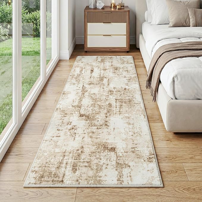 FMFUNCTEX 3x8 Runner Rug Washable Brown Beige Modern Abstract Neutral Non Slip Low Pile Entryway Hallway Soft Accent Indoor Carpet for Kitchen Bedroom Bathroom Laundry Entrance Bedside Living Room