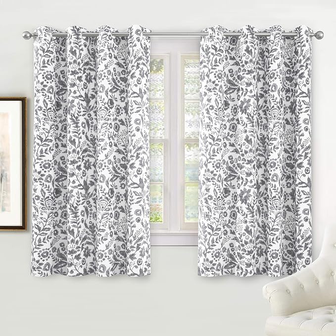 DriftAway Julia Blackout Curtains Grommet 2 Panels, W52xL54, Gray | Floral Curtains, Bedroom, Living Room, Room Darking, Watercolor Pattern, 2 Layers, Thermal Insulated, Window Treatment