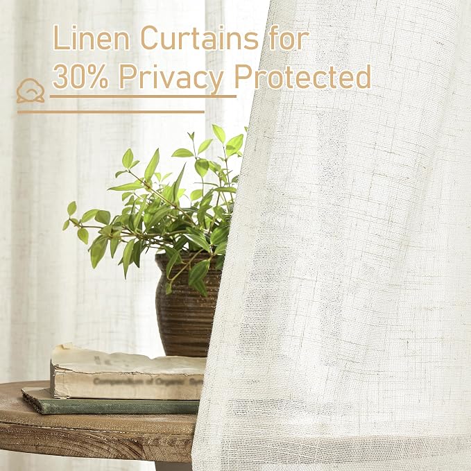 LAMIT Light Filtering Linen Curtains 63 inches Long for Bedroom, Linen Textured Semi Sheer Back Tab and Rod Pocket Boho Drapes for Living Room, Cream, 2 Panels, 60 x 63 Inch