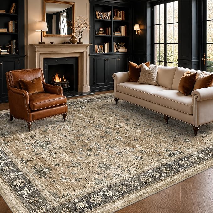 Hazo Haus Rustic Taupe Area Rug 5x7 for Living Room - Machine Washable Rugs for Dining Room, Kitchen Floor, Small Office, Low Pile Non-Slip Rubber Backing & Stain Resistance